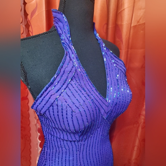 Vintage Purple Beaded Silk Halter Gown Cocktail Dress sz 4 - Picture 9 of 13